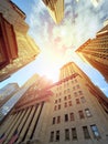 Sun shining above the buildings of Wall Street in Manhattan, New York City Royalty Free Stock Photo