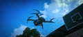 the sun is shining with the blue and white color of the clouds the drone is working to find the best objec Royalty Free Stock Photo