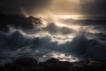 the sun is shining through the clouds over the water and rocks on the shore of a rocky shore with waves crashing against the Royalty Free Stock Photo