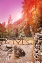 Sun is shining through the edge of canyon in Samaria Gorge Royalty Free Stock Photo