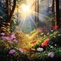 Sun Shining Through Flower-Filled Forest Royalty Free Stock Photo