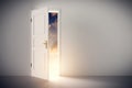 Sun shining through half open classic white door. Royalty Free Stock Photo