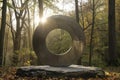Sun shining through large round metal sculpture in forest setting Royalty Free Stock Photo
