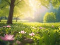 sun shining on spring landscape with trees and pink flowers growing amongst green grass nature background blur with copyspace Royalty Free Stock Photo