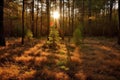 the sun shining through the trees, casting a warm glow on the forest floor