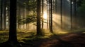 The sun is shining through the trees in the forest Royalty Free Stock Photo