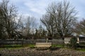 Sun shining on a wood bench in the off-leash dog park in Luther Burbank Park with Dairy Barn Ruins in the background