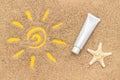 Sun Sign Drawn On Sand, Starfish And White Tube Of Sunscreen. Template Mockup For Your Design. Creative Top View