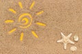 Sun Sign Drawn On Sand And White Tube Of Sunscreen. Template Mockup For Your Design. Creative Top View