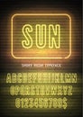 Sun sign and yellow neon hollow font with numbers on vector brick wall background. Bright night light alphabet glow