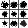 Sun silhouette set. Black icons of different sun shape. Vector illustration isolated on white Royalty Free Stock Photo