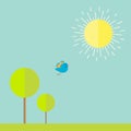 Sun, sky, tree, grass, bird. Summer landscape in flat design style. Royalty Free Stock Photo