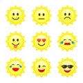 Sun Smile emoji, emoticon cartoon set Vector icons. Different Character or mood on sun smiley face Royalty Free Stock Photo