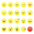 Sun Smile emoticon cartoon set Vector icons. Different Character or mood on sun smiley face Royalty Free Stock Photo