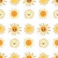 Sun with smile vector repeat pattern for baby design. Cute Sunshine seamless pattern for kids Royalty Free Stock Photo