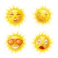 Sun smiles cartoon emoticons and summer emoji faces vector icons set