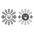 Sun with smiley face, beams and hands line and solid icon, weather concept, sunshine smiles vector sign on white