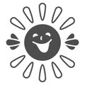 Sun with smiley face, beams and hands solid icon, weather concept, sunshine smiles vector sign on white background