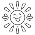 Sun with smiley face, beams and hands thin line icon, weather concept, sunshine smiles vector sign on white background