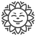 Sun with smiley face and beams line icon, weather and climate concept, sunshine smile vector sign on white background