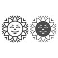 Sun with smiley face and beams line and solid icon, weather and climate concept, sunshine smile vector sign on white