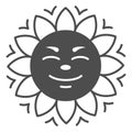 Sun with smiley face and beams solid icon, weather and climate concept, sunshine smile vector sign on white background