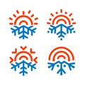 Sun and snowflake emblems. Weather, temperature icon. Freezing, heating, sunny, frosty vector symbols. Any weather