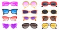 Sun spectacles. Various trendy sunglasses with different lens, fashion black glasses cool shades eyewear plastic