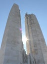Sun between spires of the Canadian Vimy Ridge Memorial, France