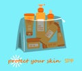 Sun spray. Cartoon SPF cosmetics. Sunscreen lotion bottles in beauty bag. Skin care moisturizers. Sunshine block creams