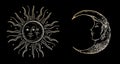 Sun, stars and crescent. Moon face. Vintage illustrations. Royalty Free Stock Photo
