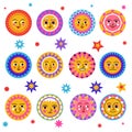 Sun and stars, funny sunny faces with expression