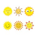 Sun sticker with a round shape and yellow color. Cute sun with smiling face and cool eyes. Sunray coming out from sun vector