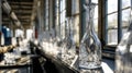 Crystal glass bottles and tumblers lined up on a sunlit windowsill inside an industrial-style building creating sparkling Royalty Free Stock Photo