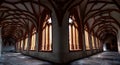 Gothic Architecture Showcased in Sunlit Corridor of Medieval Monastery