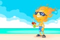 Sun Summer Boy Fire Head On Beach With Cocktail Cartoon Character