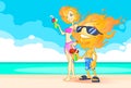 Sun Summer Couple Boy Girl Fire Head On Beach With Cocktail Cartoon Character