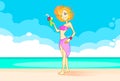 Sun Summer Girl Fire Head On Beach With Cocktail Cartoon Character