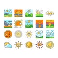 sun summer sunlight light icons set vector