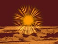 Sun sunbeams abstract illustration in sepia colour on clear sky background above white sea waves and clouds. Royalty Free Stock Photo