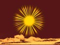 Sun sunbeams abstract illustration on sky background above sea waves and clouds sepia colour. Royalty Free Stock Photo