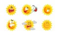 Sun with Sunbeams Having Smiling and Angry Frowning Face Vector Set.