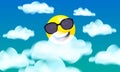 Sun in sunglasses character smiley cartoon, blue sky with clouds Royalty Free Stock Photo