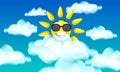 Sun in sunglasses character smiley cartoon, blue sky with clouds Royalty Free Stock Photo