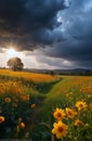 sun at sunset peeking out from behind storm clouds and illuminating field of yellow flowers and lonely tree. concepts Royalty Free Stock Photo