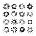 Sun symbol icon set. Summer spring sunshine rays sign. Weather bright sunlight iconic illustration. Vector sunrise logo Royalty Free Stock Photo