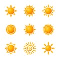 Sun symbol set. Nine Yellow and orange suns design. Vector illustration.