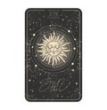 The sun Tarot card icon, sun with a face on a black cosmic background with stars. Major arcana for divination witch