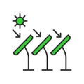 Sun to solar panel icon in line design green. Sun, solar, panel, energy, photovoltaic, electricity, renewable, sunlight