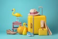 concept yellow blue sunglasses summer suitcase travel background vacation flamingo summertime. Generative AI. Royalty Free Stock Photo